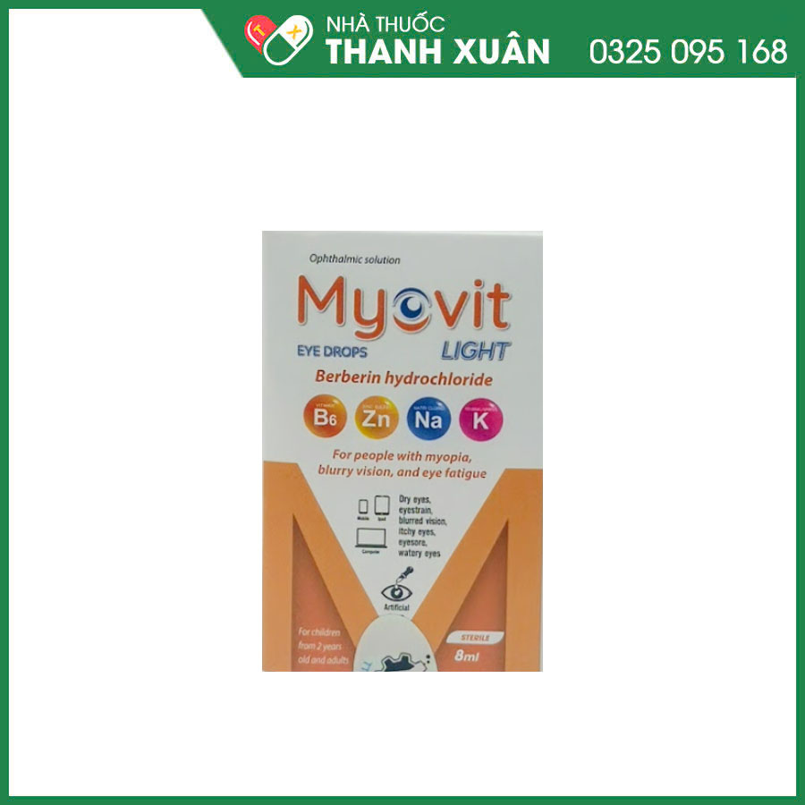 Dung dịch nhỏ mắt Myovit Light giúp làm sạch, dưỡng ẩm, hỗ trợ kháng khuẩn, giảm khô mắt, mỏi mắt và phòng ngừa các bệnh lý về mắt